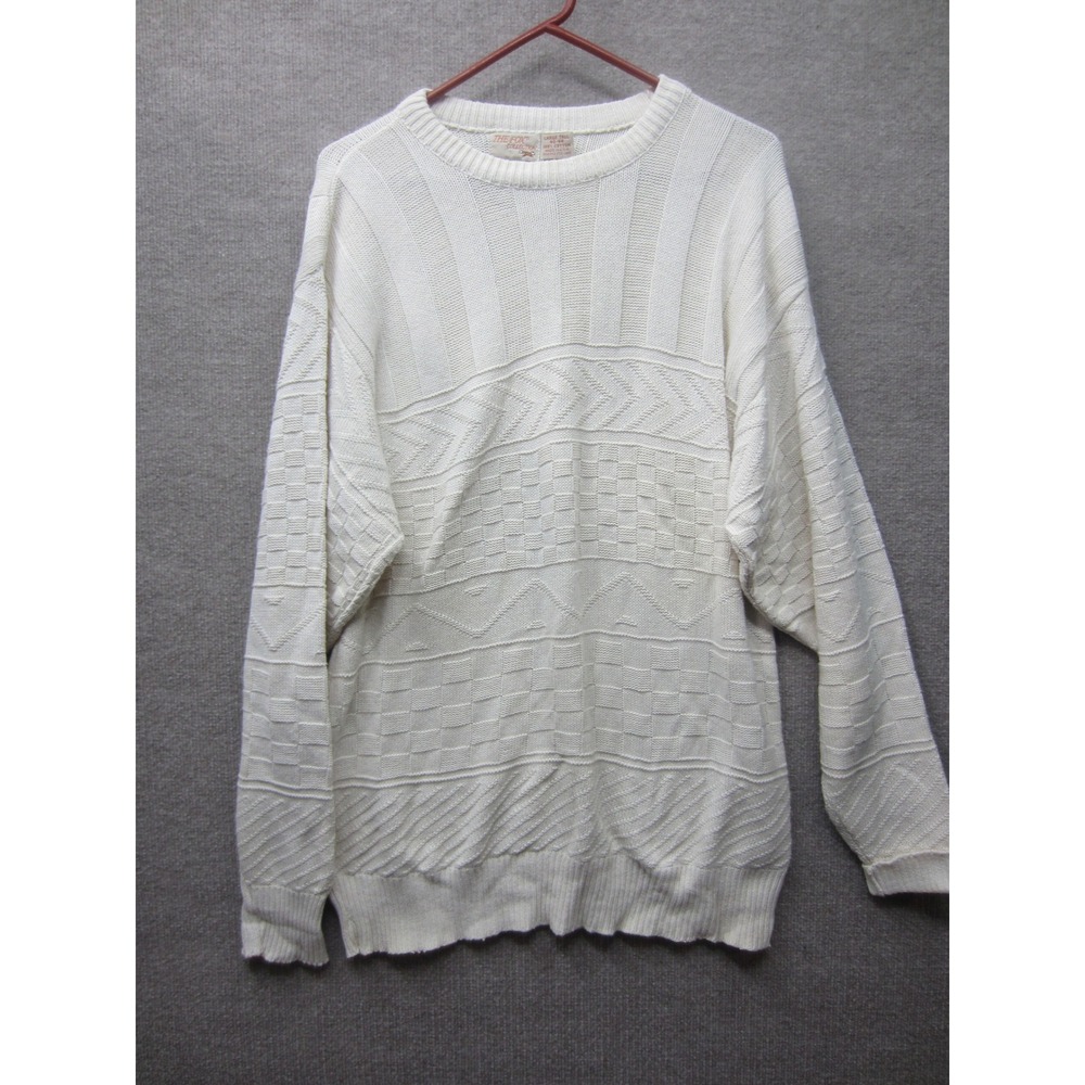Vintage The Fox Collection Mens Large Tall Cotton Knit Sweater Cream Made in USA